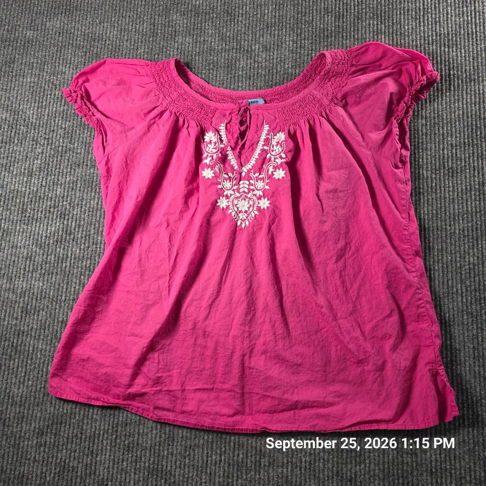 IZOD Womens XL Pink Embroidered Peasant Blouse Short Puff Sleeve Smocked Top